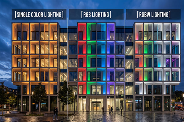 a building facade with different lighting options